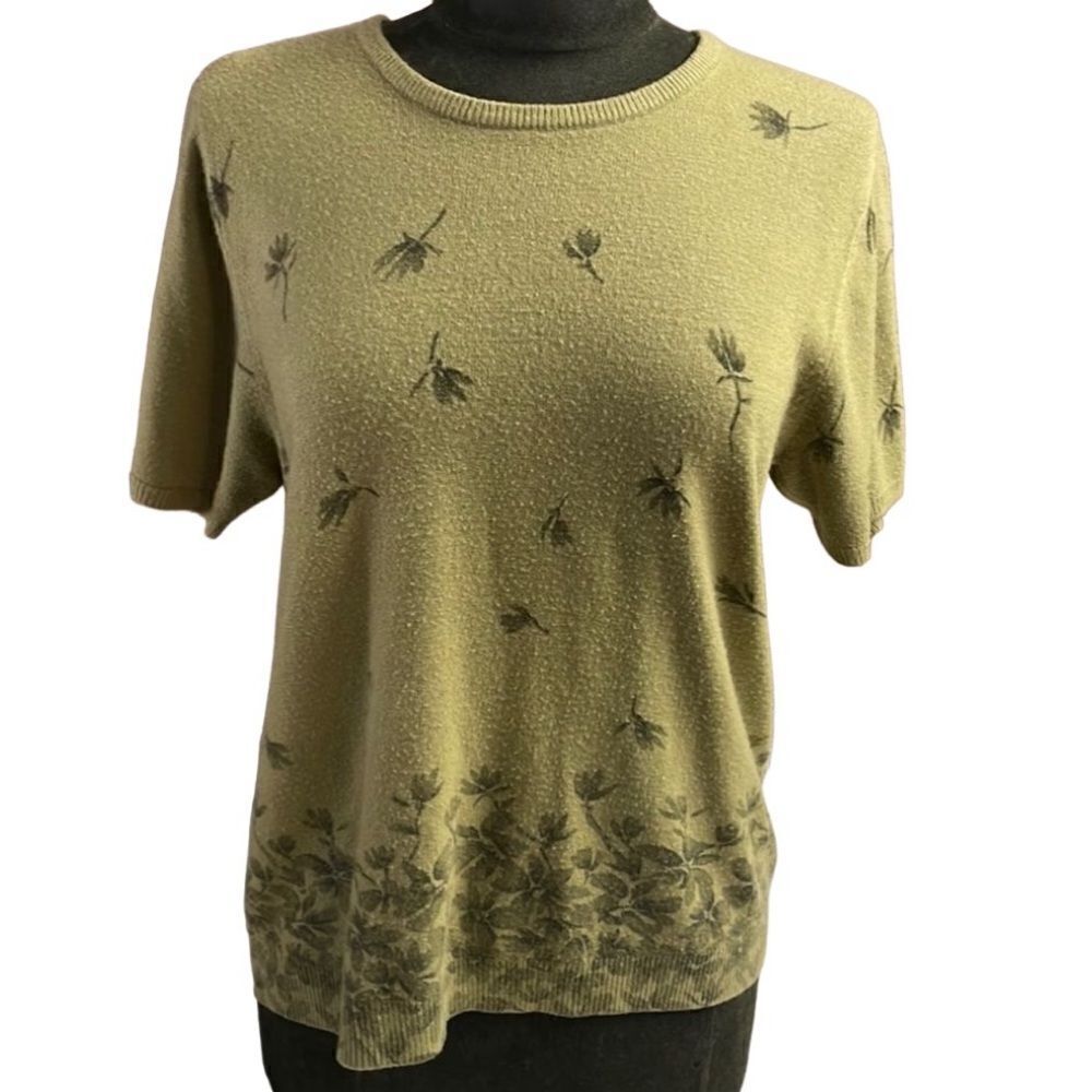Sag Harbor Ladies Pullover Floral Short Sleeve Scoop Neck Sweater Green Medium-L